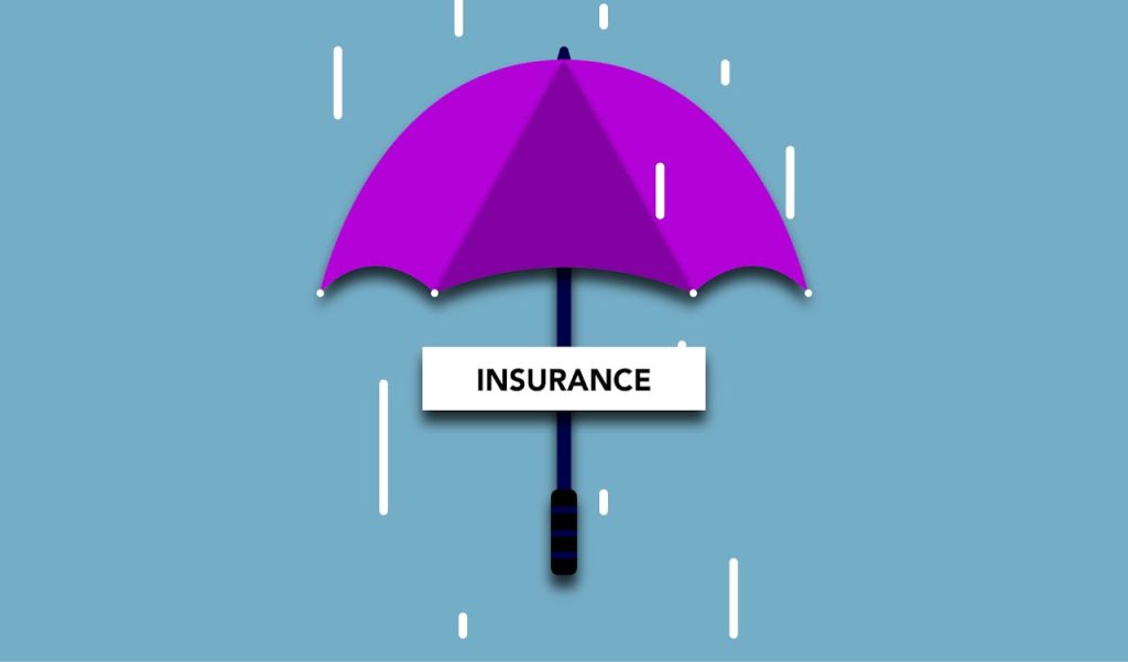 Protecting Your Future. Decorative cardboard illustration of signboard with Insurance title under umbrella in rain on blue background